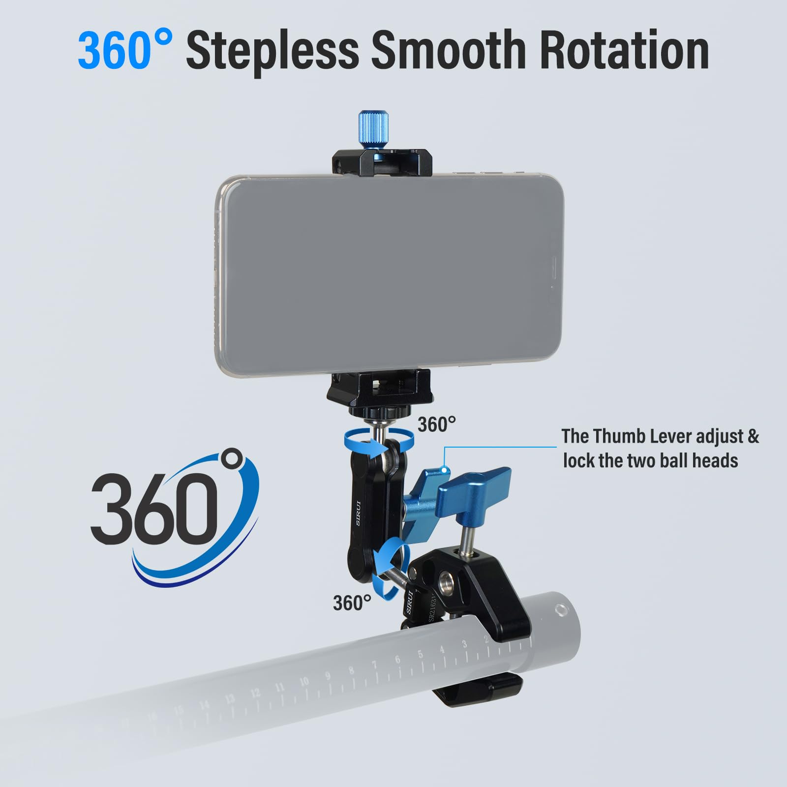 Sirui Articulating Camera Mount Clamp With Phone Holder, Magic Arm Super Clamp With 1/4' 20 Thread And 3/8' 16 Locating Hole For Arri, Ball Head Mount For Camera Monitor And Bicycle, Ma Gk, Black